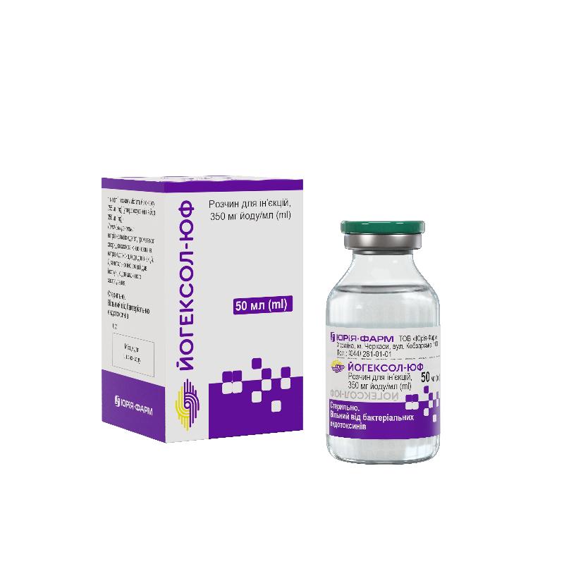 ЙОГЕКСОЛ-ЮФ розчин для ін’єкцій, 350 мг йоду/мл, по 50 мл у флаконах скляних; по 1 флакону у коробці з картону